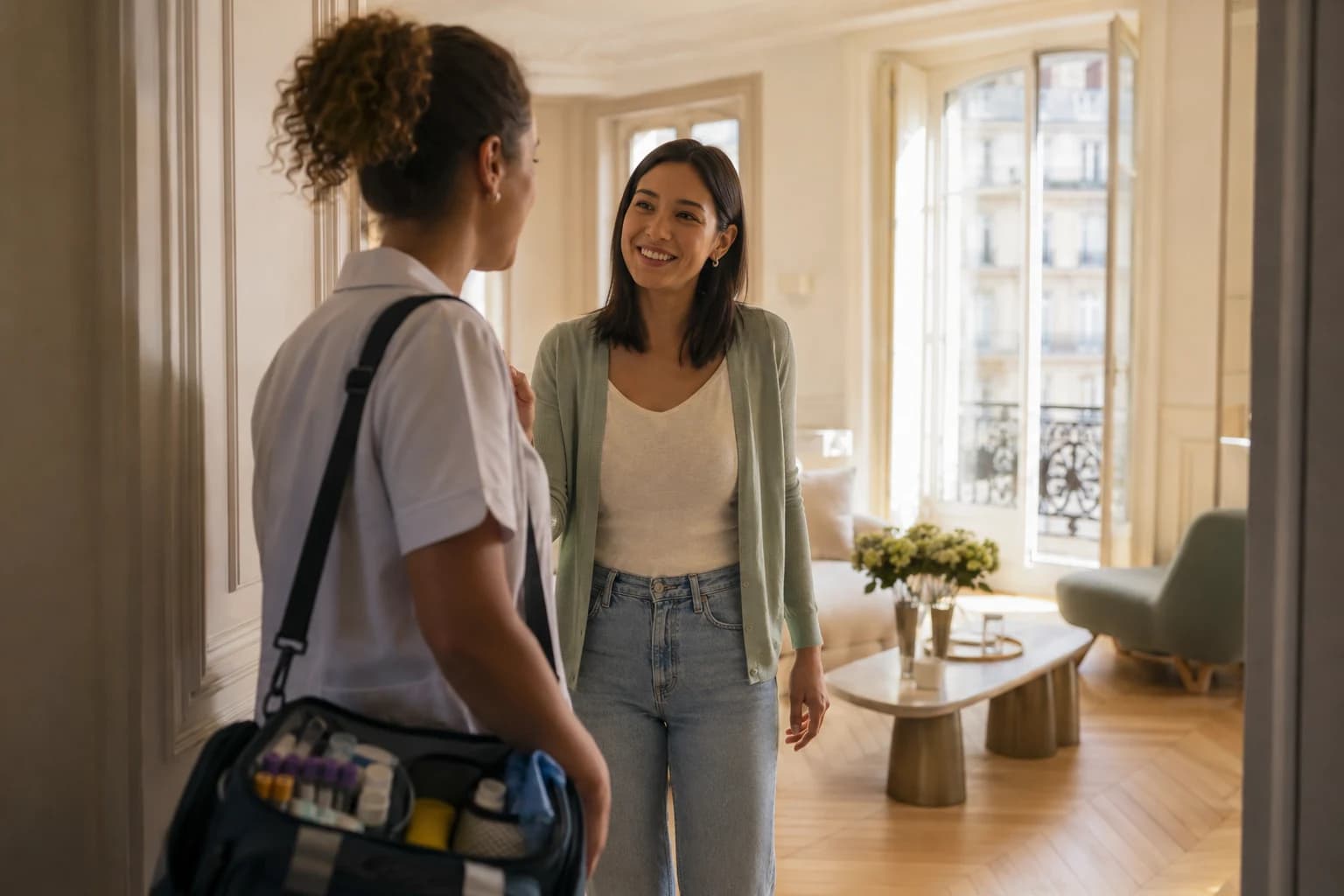 Préleveuse Casa Lab accueillie par une patiente dans son appartement parisien