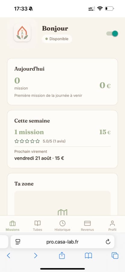 Tableau de bord de l'app Casa Lab Pro avec le bouton Disponible activé