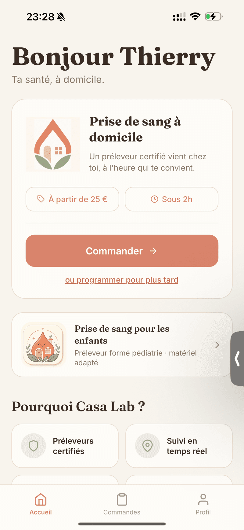 Écran d'accueil de l'application Casa Lab