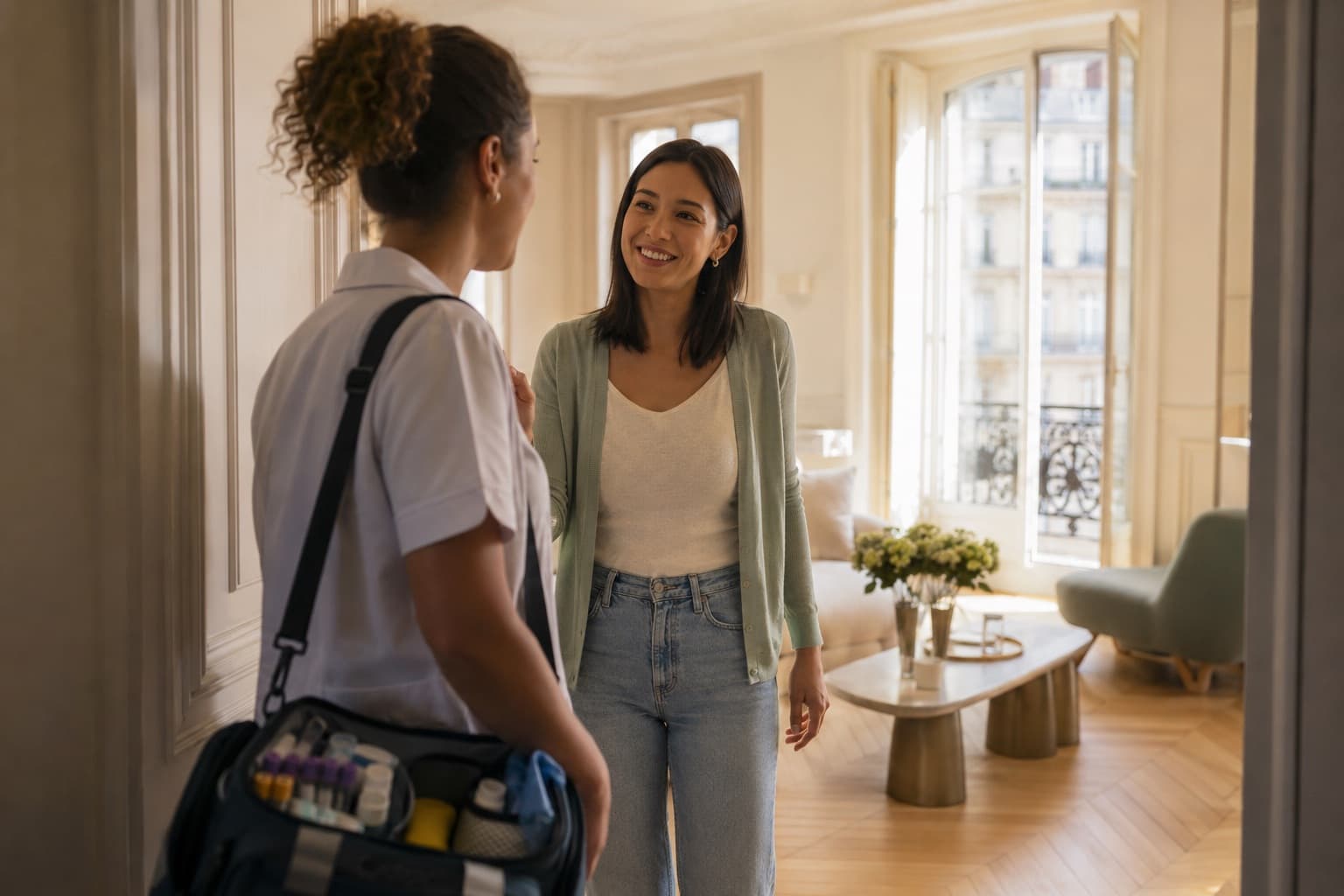 Une préleveuse, sacoche à l'épaule, accueillie par une patiente à la porte de son appartement