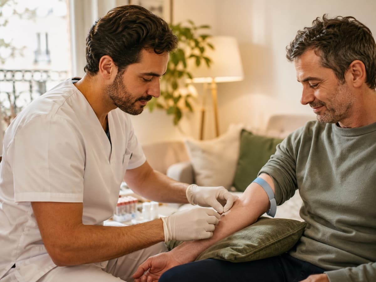 Technicien de laboratoire réalisant une prise de sang au domicile d’un patient